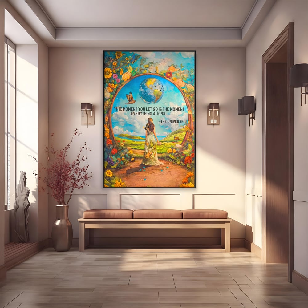 Leinwand Wandkunst Canvas Premium, LuxCanva® Q1000, Frieden und Ausrichtung, Moment, Ausrichtung, Wiedergeburt, Antwort, Universum, Harmonie, Schicksal, Tor, Globus, Erde, Blumen, Vögel, Himmel, Frau, Büro, Schlafzimmer