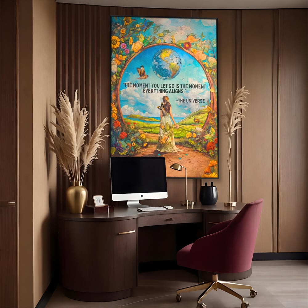 Leinwand Wandkunst Canvas Premium, LuxCanva® Q1000, Frieden und Ausrichtung, Moment, Ausrichtung, Wiedergeburt, Antwort, Universum, Harmonie, Schicksal, Tor, Globus, Erde, Blumen, Vögel, Himmel, Frau, Büro, Schlafzimmer