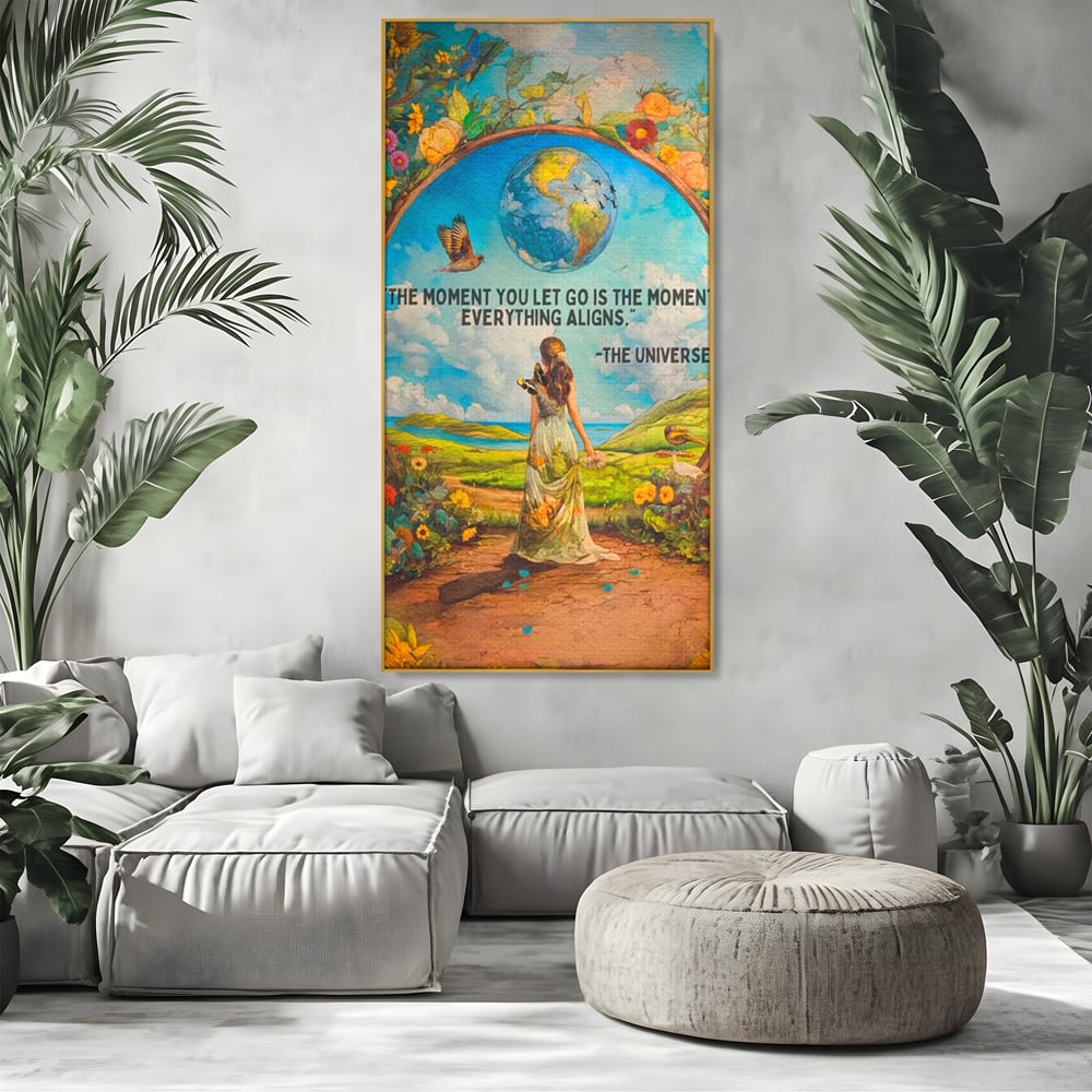 Leinwand Wandkunst Canvas Premium, LuxCanva® Q1000, Frieden und Ausrichtung, Moment, Ausrichtung, Wiedergeburt, Antwort, Universum, Harmonie, Schicksal, Tor, Globus, Erde, Blumen, Vögel, Himmel, Frau, Büro, Schlafzimmer