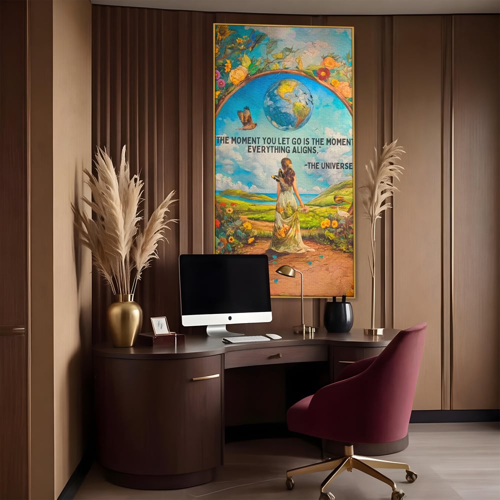 Leinwand Wandkunst Canvas Premium, LuxCanva® Q1000, Frieden und Ausrichtung, Moment, Ausrichtung, Wiedergeburt, Antwort, Universum, Harmonie, Schicksal, Tor, Globus, Erde, Blumen, Vögel, Himmel, Frau, Büro, Schlafzimmer