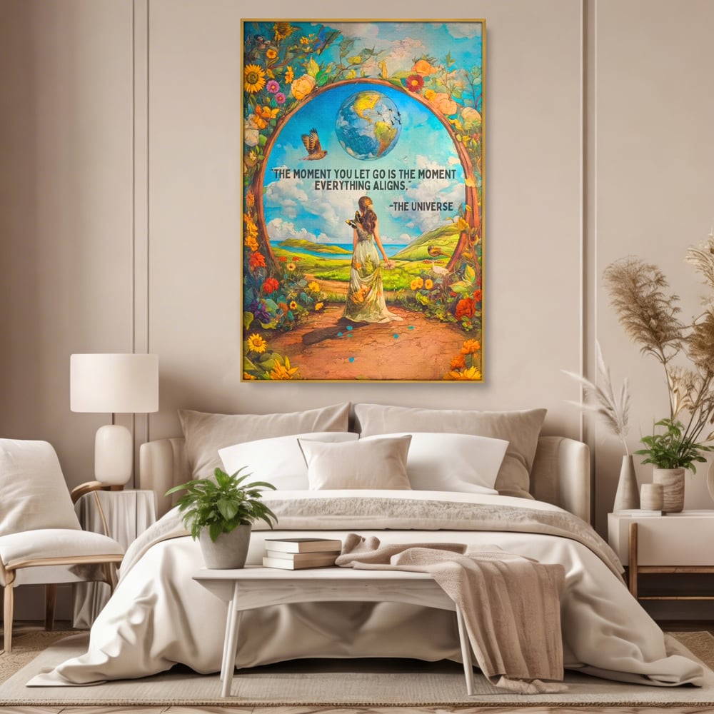 Leinwand Wandkunst Canvas Premium, LuxCanva® Q1000, Frieden und Ausrichtung, Moment, Ausrichtung, Wiedergeburt, Antwort, Universum, Harmonie, Schicksal, Tor, Globus, Erde, Blumen, Vögel, Himmel, Frau, Büro, Schlafzimmer