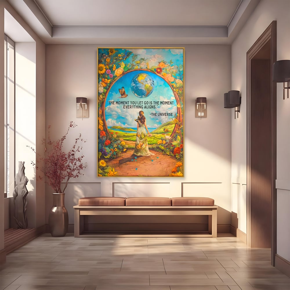 Leinwand Wandkunst Canvas Premium, LuxCanva® Q1000, Frieden und Ausrichtung, Moment, Ausrichtung, Wiedergeburt, Antwort, Universum, Harmonie, Schicksal, Tor, Globus, Erde, Blumen, Vögel, Himmel, Frau, Büro, Schlafzimmer