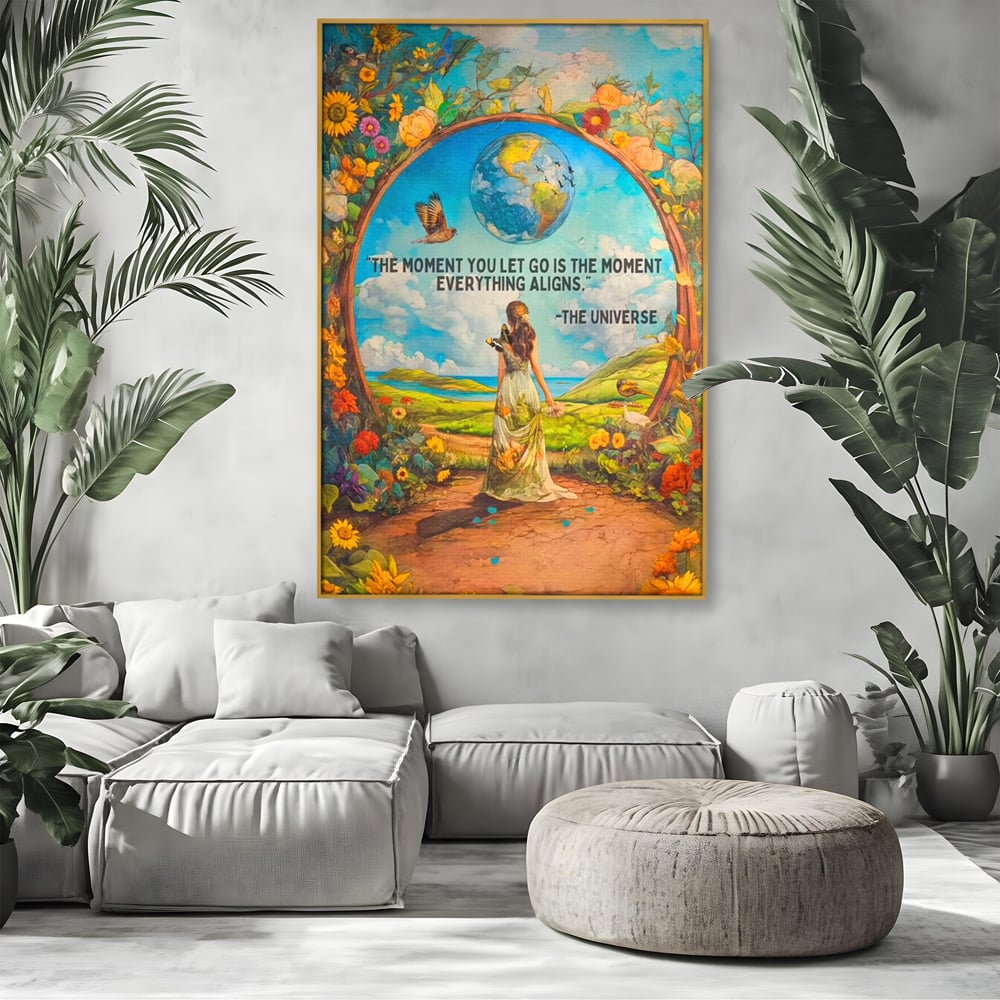 Leinwand Wandkunst Canvas Premium, LuxCanva® Q1000, Frieden und Ausrichtung, Moment, Ausrichtung, Wiedergeburt, Antwort, Universum, Harmonie, Schicksal, Tor, Globus, Erde, Blumen, Vögel, Himmel, Frau, Büro, Schlafzimmer