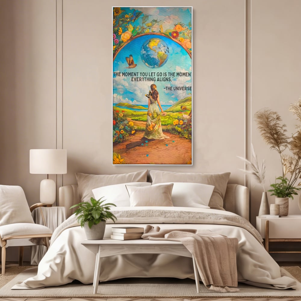 Leinwand Wandkunst Canvas Premium, LuxCanva® Q1000, Frieden und Ausrichtung, Moment, Ausrichtung, Wiedergeburt, Antwort, Universum, Harmonie, Schicksal, Tor, Globus, Erde, Blumen, Vögel, Himmel, Frau, Büro, Schlafzimmer