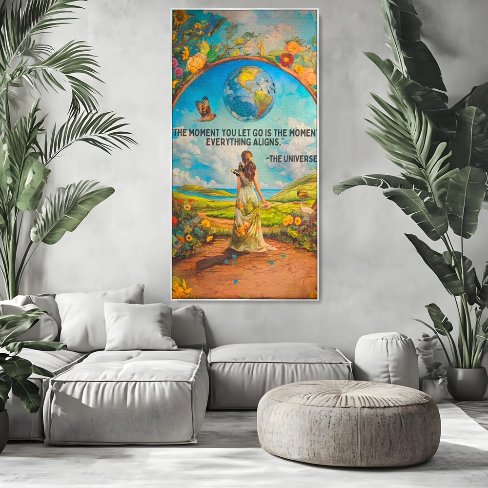 Leinwand Wandkunst Canvas Premium, LuxCanva® Q1000, Frieden und Ausrichtung, Moment, Ausrichtung, Wiedergeburt, Antwort, Universum, Harmonie, Schicksal, Tor, Globus, Erde, Blumen, Vögel, Himmel, Frau, Büro, Schlafzimmer