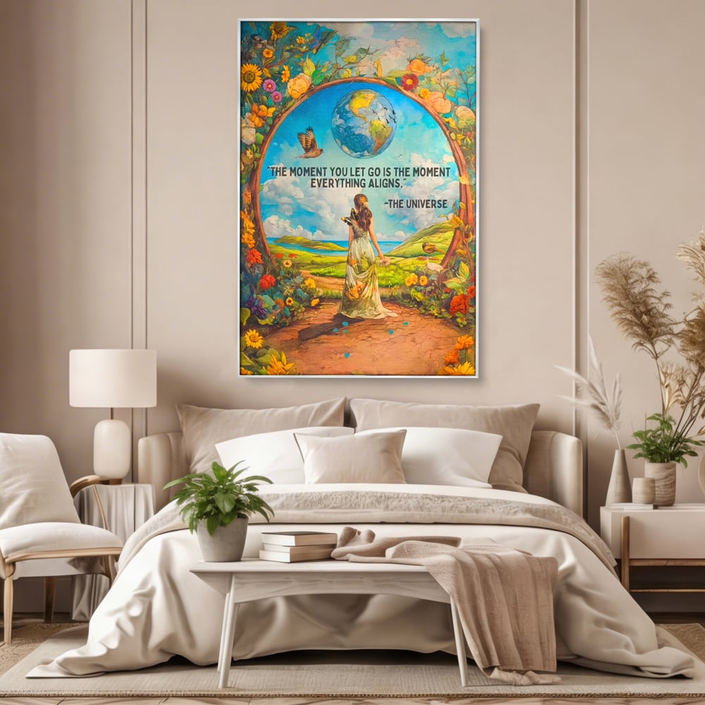 Leinwand Wandkunst Canvas Premium, LuxCanva® Q1000, Frieden und Ausrichtung, Moment, Ausrichtung, Wiedergeburt, Antwort, Universum, Harmonie, Schicksal, Tor, Globus, Erde, Blumen, Vögel, Himmel, Frau, Büro, Schlafzimmer