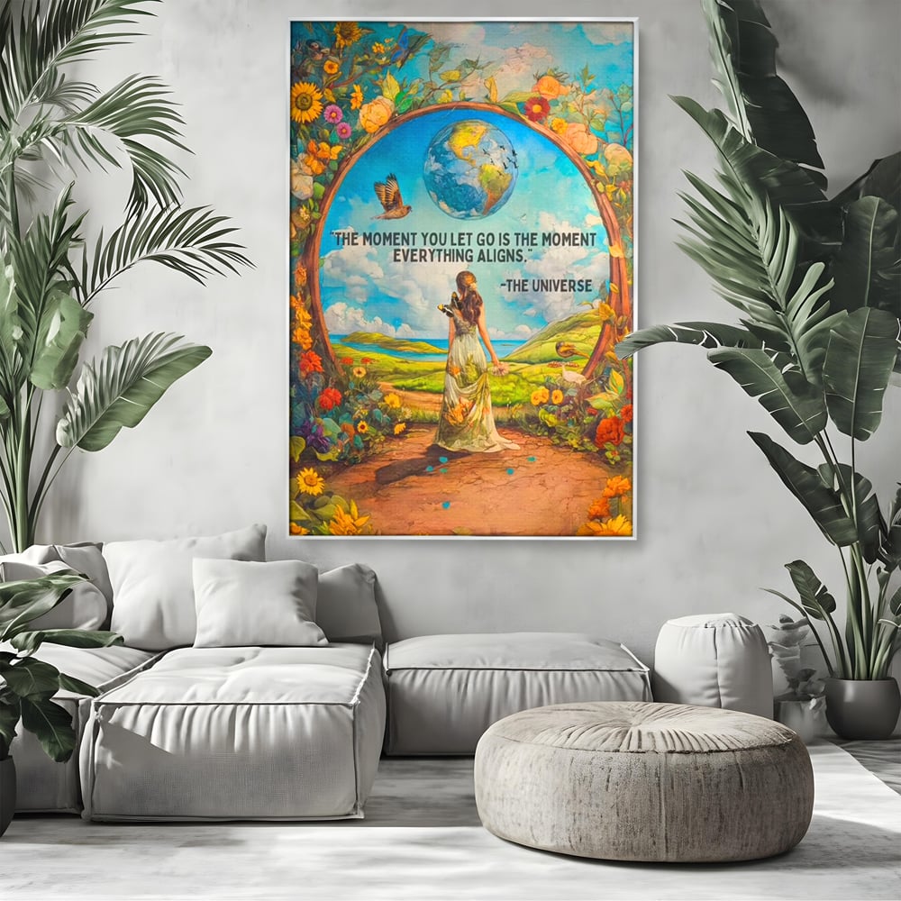 Leinwand Wandkunst Canvas Premium, LuxCanva® Q1000, Frieden und Ausrichtung, Moment, Ausrichtung, Wiedergeburt, Antwort, Universum, Harmonie, Schicksal, Tor, Globus, Erde, Blumen, Vögel, Himmel, Frau, Büro, Schlafzimmer