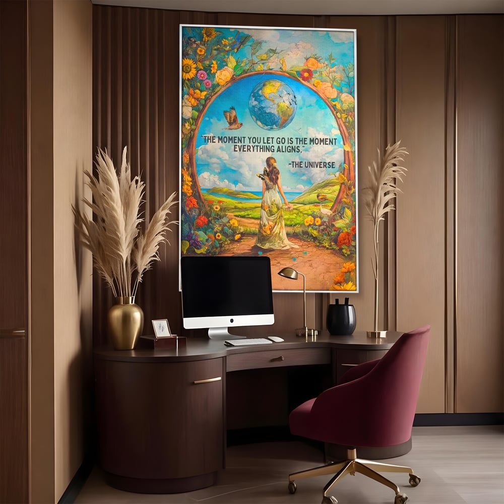 Leinwand Wandkunst Canvas Premium, LuxCanva® Q1000, Frieden und Ausrichtung, Moment, Ausrichtung, Wiedergeburt, Antwort, Universum, Harmonie, Schicksal, Tor, Globus, Erde, Blumen, Vögel, Himmel, Frau, Büro, Schlafzimmer