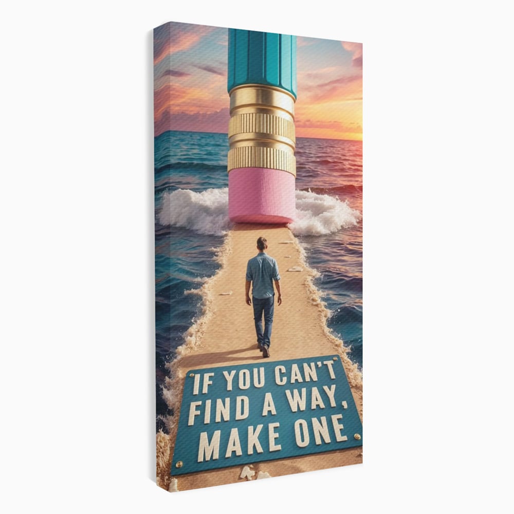 Canvas Wall Art Premium, LuxCanva® Q1002, Mann auf dem Weg, Mann, Ehrgeiz, Lösungen, Erfolg, Wellen, Sonnenuntergang, Sonnenuntergang, Strahlung, Schöpfung, Freiheit, Horizont, Schritte, Weg, Bleistift, Schicksal, Büro, Schlafzimmer