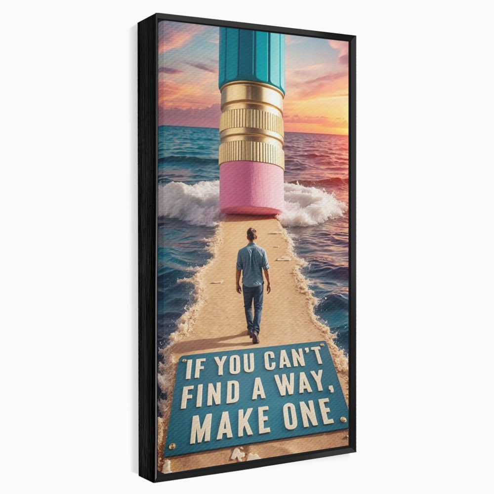 Canvas Wall Art Premium, LuxCanva® Q1002, Mann auf dem Weg, Mann, Ehrgeiz, Lösungen, Erfolg, Wellen, Sonnenuntergang, Sonnenuntergang, Strahlung, Schöpfung, Freiheit, Horizont, Schritte, Weg, Bleistift, Schicksal, Büro, Schlafzimmer