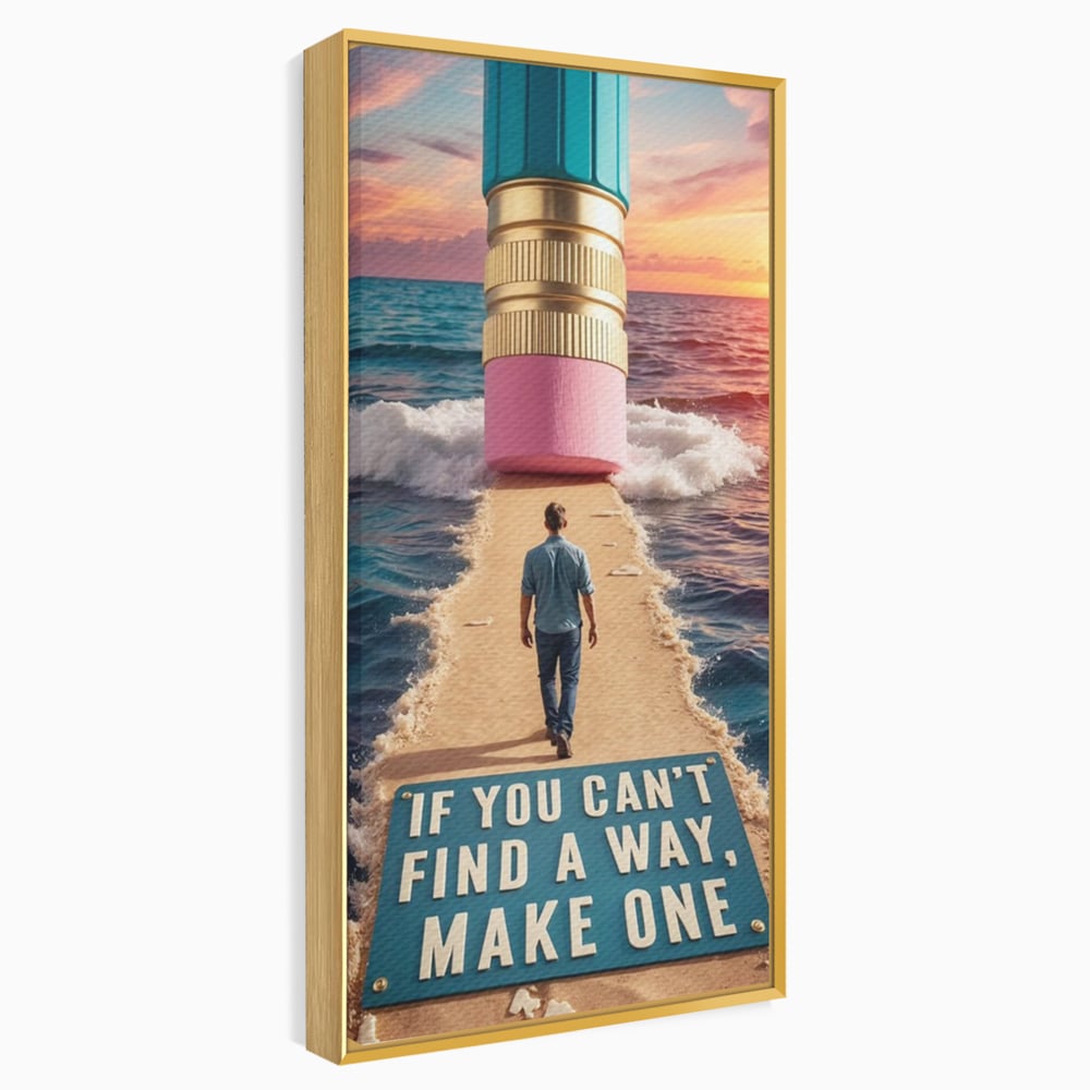Canvas Wall Art Premium, LuxCanva® Q1002, Mann auf dem Weg, Mann, Ehrgeiz, Lösungen, Erfolg, Wellen, Sonnenuntergang, Sonnenuntergang, Strahlung, Schöpfung, Freiheit, Horizont, Schritte, Weg, Bleistift, Schicksal, Büro, Schlafzimmer