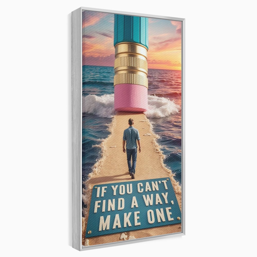 Canvas Wall Art Premium, LuxCanva® Q1002, Mann auf dem Weg, Mann, Ehrgeiz, Lösungen, Erfolg, Wellen, Sonnenuntergang, Sonnenuntergang, Strahlung, Schöpfung, Freiheit, Horizont, Schritte, Weg, Bleistift, Schicksal, Büro, Schlafzimmer