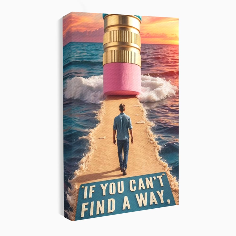 Canvas Wall Art Premium, LuxCanva® Q1002, Mann auf dem Weg, Mann, Ehrgeiz, Lösungen, Erfolg, Wellen, Sonnenuntergang, Sonnenuntergang, Strahlung, Schöpfung, Freiheit, Horizont, Schritte, Weg, Bleistift, Schicksal, Büro, Schlafzimmer