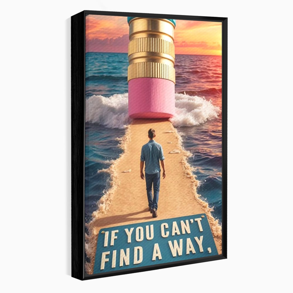 Canvas Wall Art Premium, LuxCanva® Q1002, Mann auf dem Weg, Mann, Ehrgeiz, Lösungen, Erfolg, Wellen, Sonnenuntergang, Sonnenuntergang, Strahlung, Schöpfung, Freiheit, Horizont, Schritte, Weg, Bleistift, Schicksal, Büro, Schlafzimmer