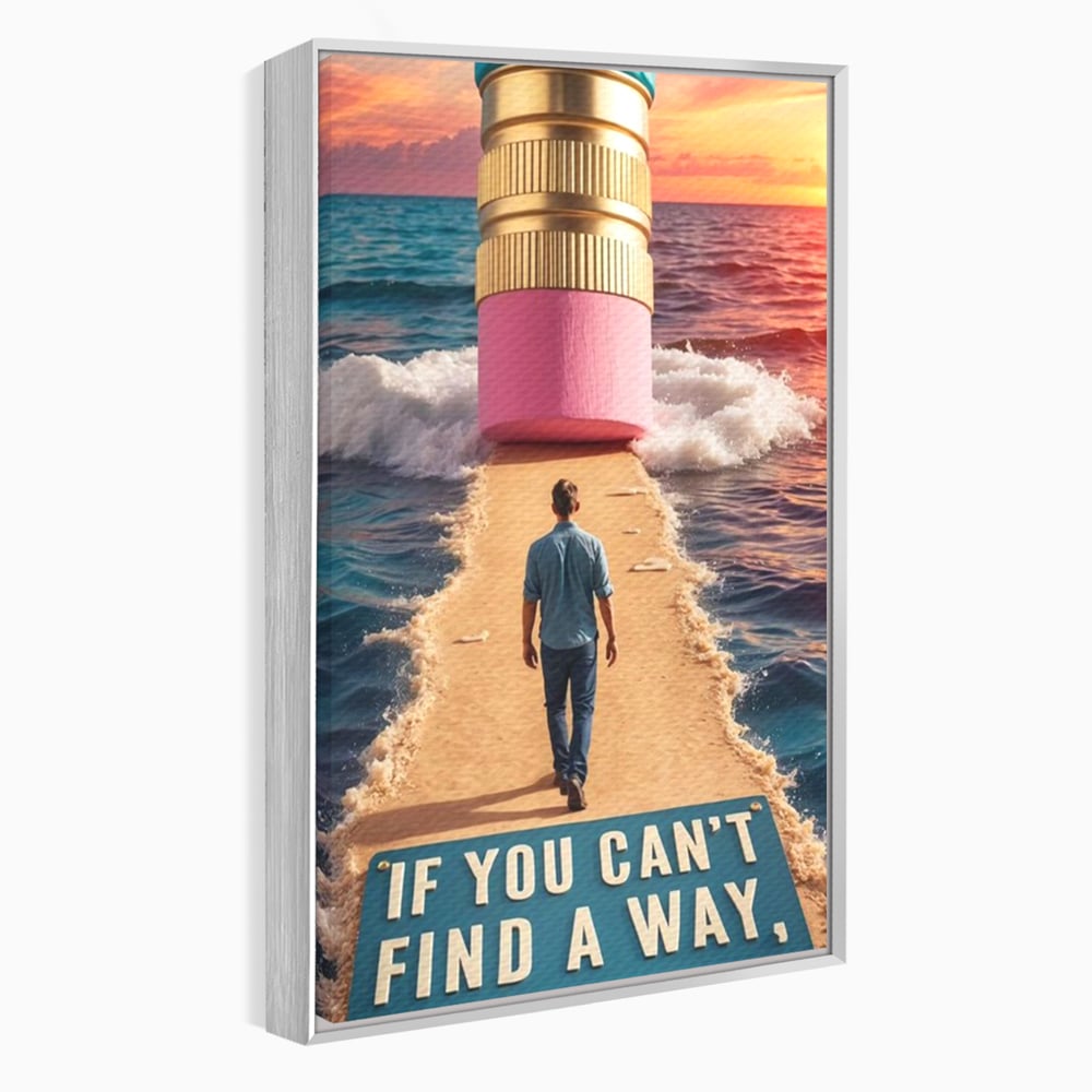 Canvas Wall Art Premium, LuxCanva® Q1002, Mann auf dem Weg, Mann, Ehrgeiz, Lösungen, Erfolg, Wellen, Sonnenuntergang, Sonnenuntergang, Strahlung, Schöpfung, Freiheit, Horizont, Schritte, Weg, Bleistift, Schicksal, Büro, Schlafzimmer