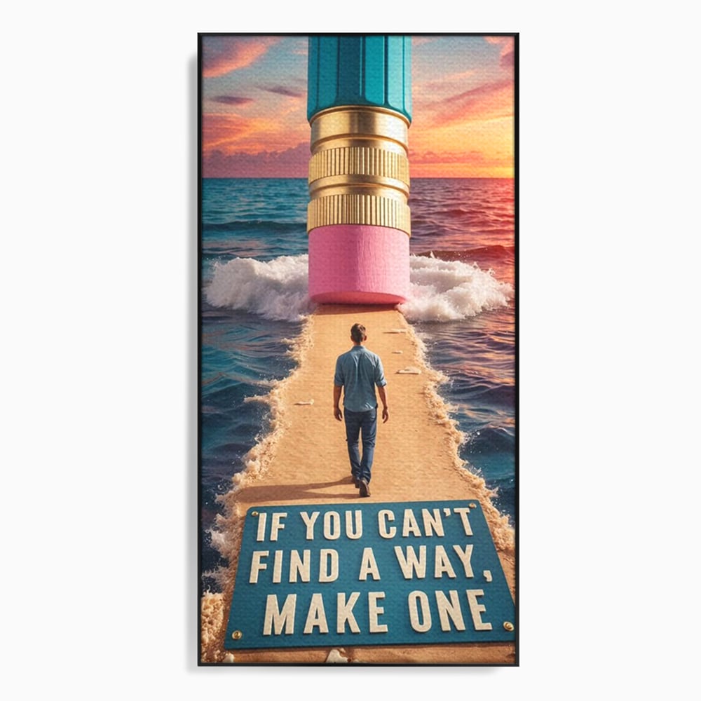 Canvas Wall Art Premium, LuxCanva® Q1002, Mann auf dem Weg, Mann, Ehrgeiz, Lösungen, Erfolg, Wellen, Sonnenuntergang, Sonnenuntergang, Strahlung, Schöpfung, Freiheit, Horizont, Schritte, Weg, Bleistift, Schicksal, Büro, Schlafzimmer