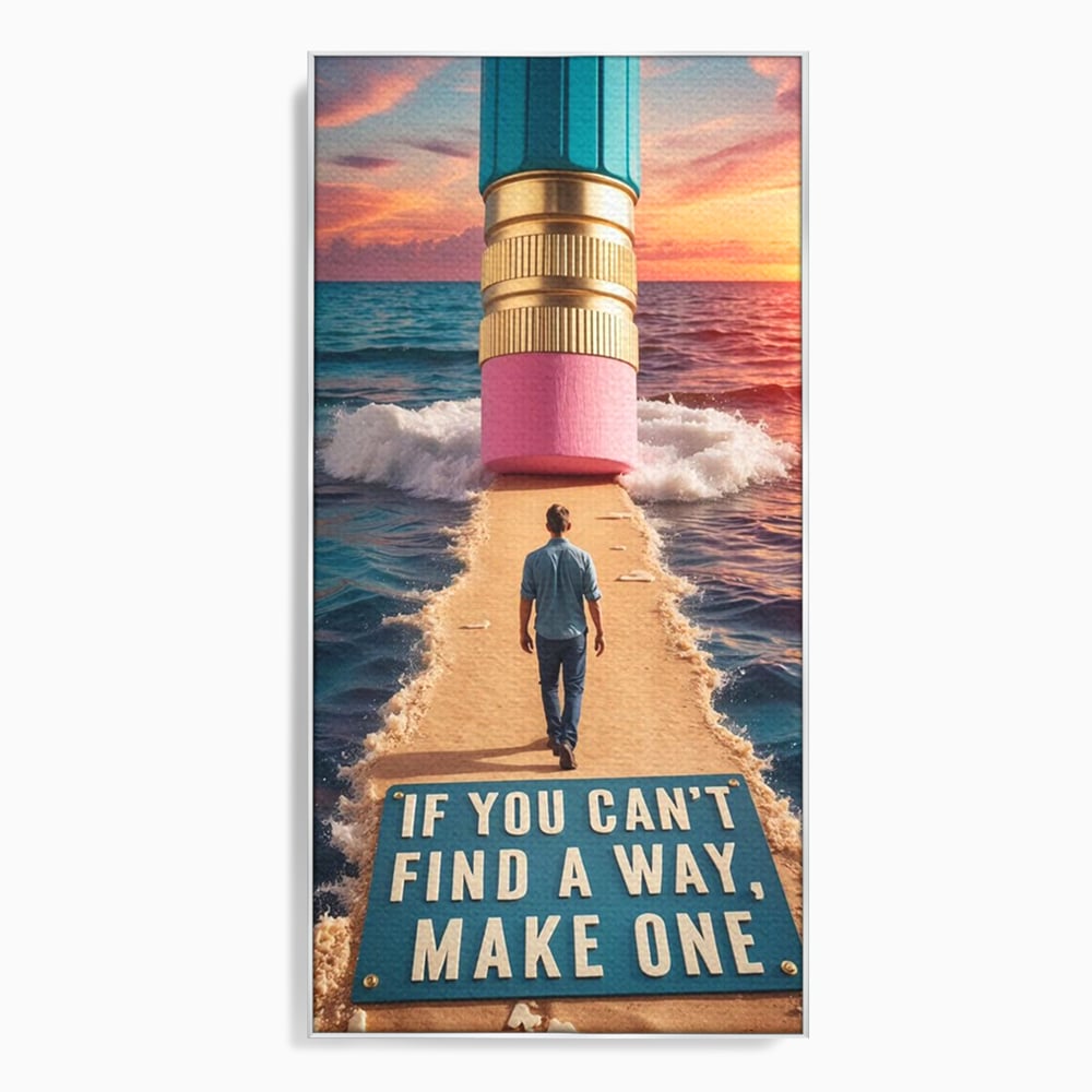Canvas Wall Art Premium, LuxCanva® Q1002, Mann auf dem Weg, Mann, Ehrgeiz, Lösungen, Erfolg, Wellen, Sonnenuntergang, Sonnenuntergang, Strahlung, Schöpfung, Freiheit, Horizont, Schritte, Weg, Bleistift, Schicksal, Büro, Schlafzimmer