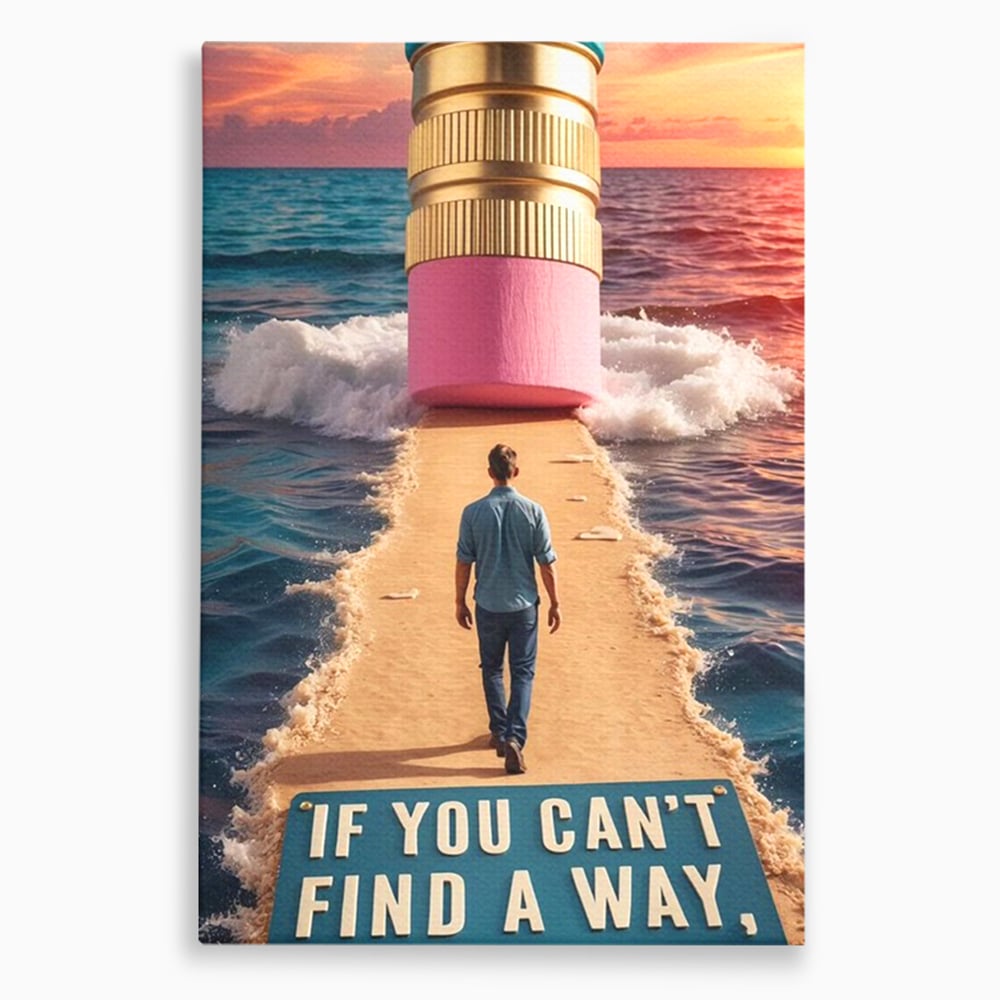 Canvas Wall Art Premium, LuxCanva® Q1002, Mann auf dem Weg, Mann, Ehrgeiz, Lösungen, Erfolg, Wellen, Sonnenuntergang, Sonnenuntergang, Strahlung, Schöpfung, Freiheit, Horizont, Schritte, Weg, Bleistift, Schicksal, Büro, Schlafzimmer