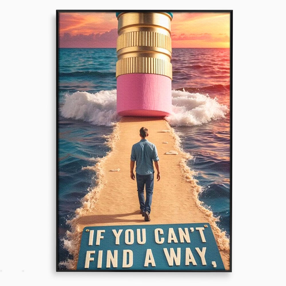 Canvas Wall Art Premium, LuxCanva® Q1002, Mann auf dem Weg, Mann, Ehrgeiz, Lösungen, Erfolg, Wellen, Sonnenuntergang, Sonnenuntergang, Strahlung, Schöpfung, Freiheit, Horizont, Schritte, Weg, Bleistift, Schicksal, Büro, Schlafzimmer