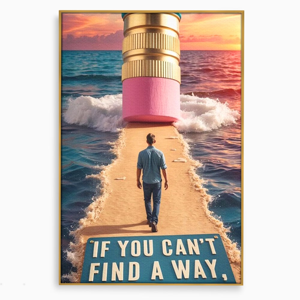 Canvas Wall Art Premium, LuxCanva® Q1002, Mann auf dem Weg, Mann, Ehrgeiz, Lösungen, Erfolg, Wellen, Sonnenuntergang, Sonnenuntergang, Strahlung, Schöpfung, Freiheit, Horizont, Schritte, Weg, Bleistift, Schicksal, Büro, Schlafzimmer