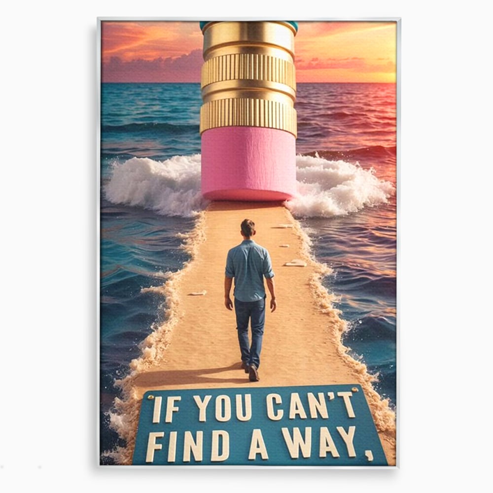 Canvas Wall Art Premium, LuxCanva® Q1002, Mann auf dem Weg, Mann, Ehrgeiz, Lösungen, Erfolg, Wellen, Sonnenuntergang, Sonnenuntergang, Strahlung, Schöpfung, Freiheit, Horizont, Schritte, Weg, Bleistift, Schicksal, Büro, Schlafzimmer