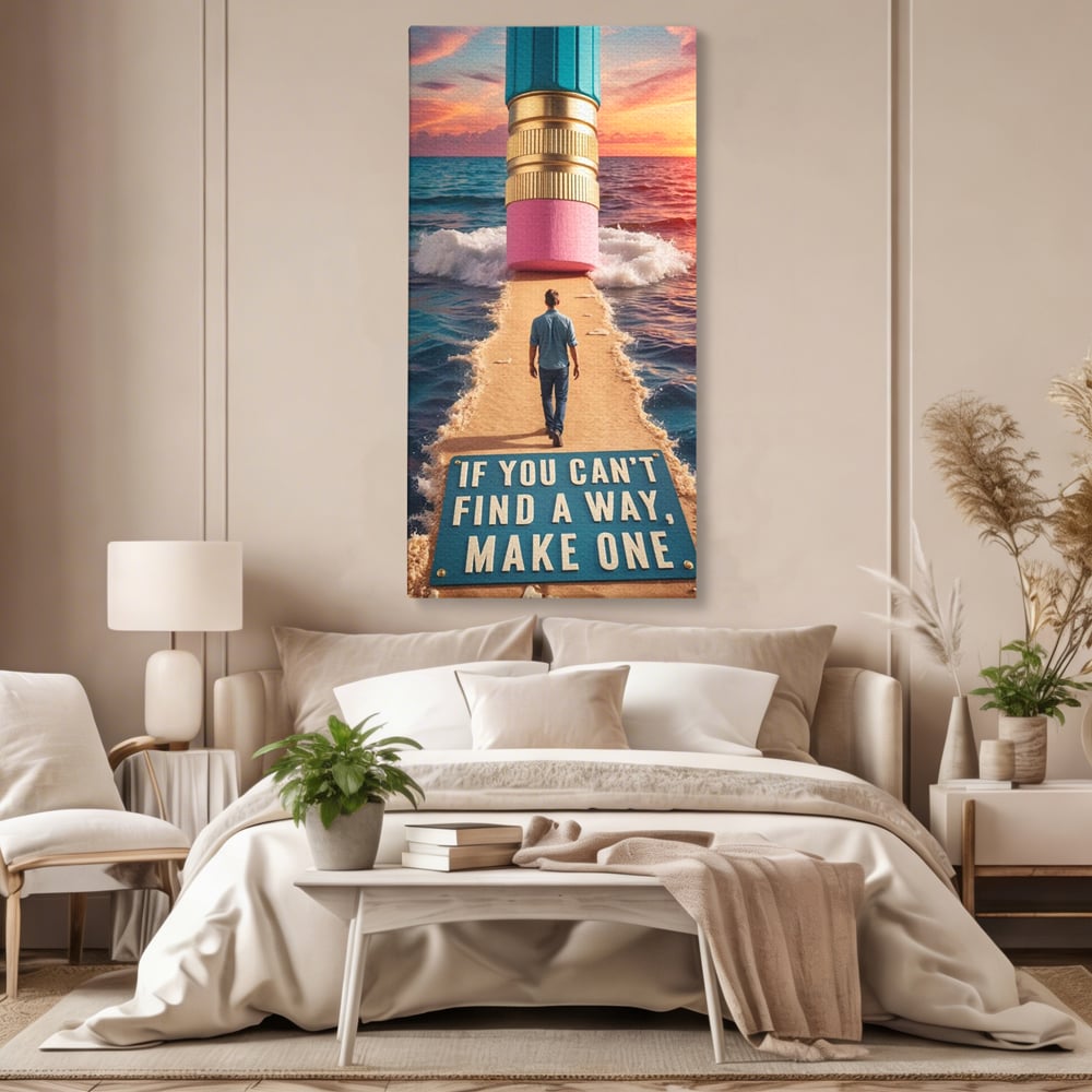 Canvas Wall Art Premium, LuxCanva® Q1002, Mann auf dem Weg, Mann, Ehrgeiz, Lösungen, Erfolg, Wellen, Sonnenuntergang, Sonnenuntergang, Strahlung, Schöpfung, Freiheit, Horizont, Schritte, Weg, Bleistift, Schicksal, Büro, Schlafzimmer