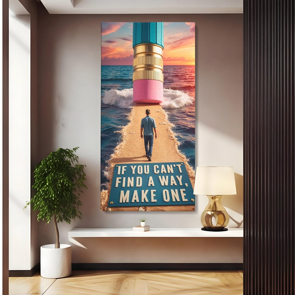 Canvas Wall Art Premium, LuxCanva® Q1002, Mann auf dem Weg, Mann, Ehrgeiz, Lösungen, Erfolg, Wellen, Sonnenuntergang, Sonnenuntergang, Strahlung, Schöpfung, Freiheit, Horizont, Schritte, Weg, Bleistift, Schicksal, Büro, Schlafzimmer