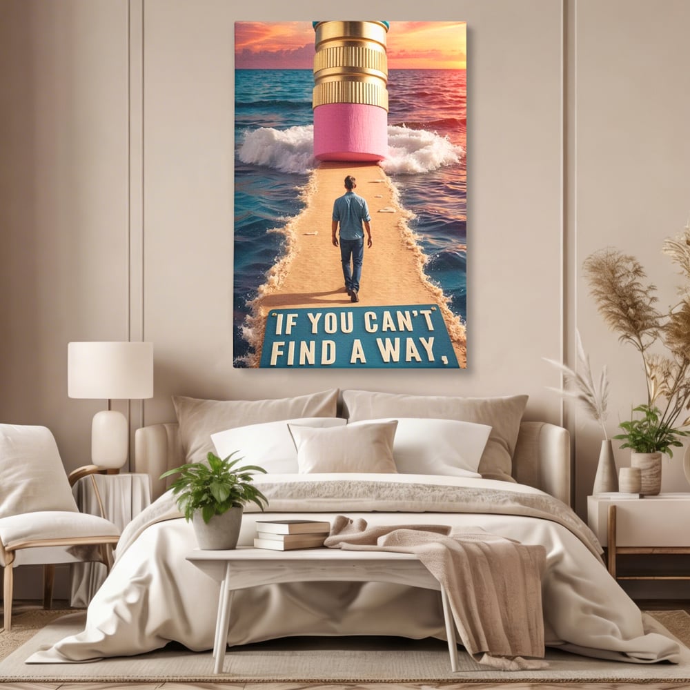 Canvas Wall Art Premium, LuxCanva® Q1002, Mann auf dem Weg, Mann, Ehrgeiz, Lösungen, Erfolg, Wellen, Sonnenuntergang, Sonnenuntergang, Strahlung, Schöpfung, Freiheit, Horizont, Schritte, Weg, Bleistift, Schicksal, Büro, Schlafzimmer