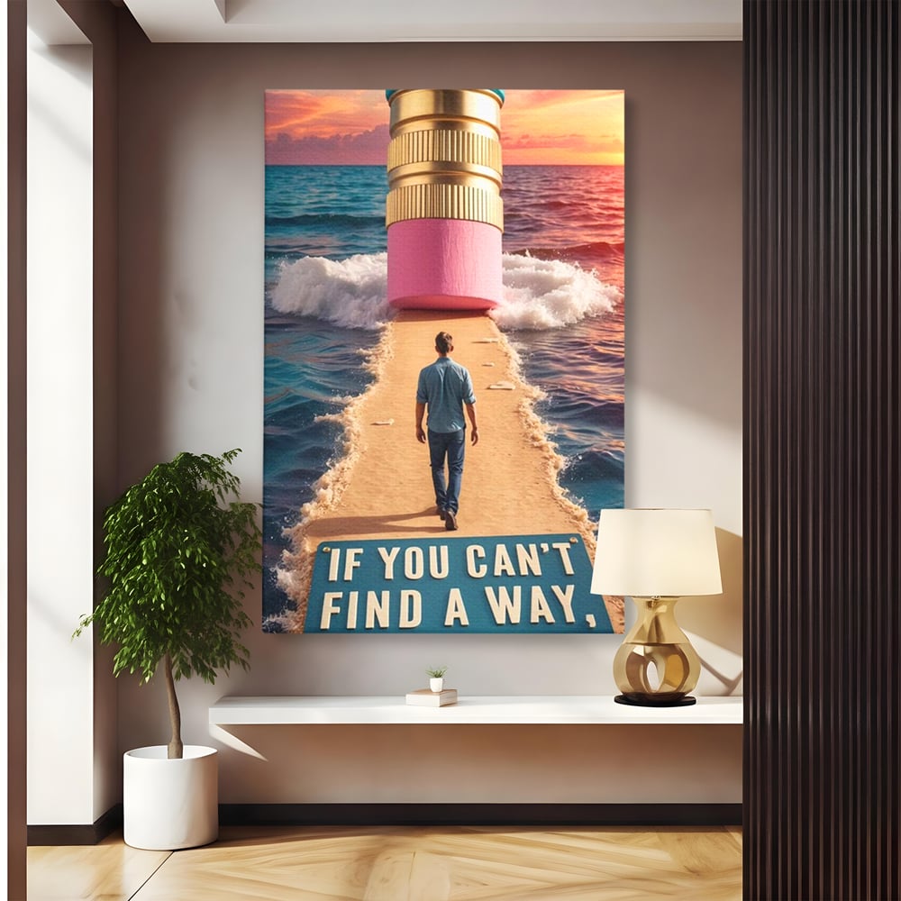 Canvas Wall Art Premium, LuxCanva® Q1002, Mann auf dem Weg, Mann, Ehrgeiz, Lösungen, Erfolg, Wellen, Sonnenuntergang, Sonnenuntergang, Strahlung, Schöpfung, Freiheit, Horizont, Schritte, Weg, Bleistift, Schicksal, Büro, Schlafzimmer