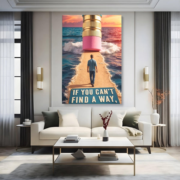 Canvas Wall Art Premium, LuxCanva® Q1002, Mann auf dem Weg, Mann, Ehrgeiz, Lösungen, Erfolg, Wellen, Sonnenuntergang, Sonnenuntergang, Strahlung, Schöpfung, Freiheit, Horizont, Schritte, Weg, Bleistift, Schicksal, Büro, Schlafzimmer