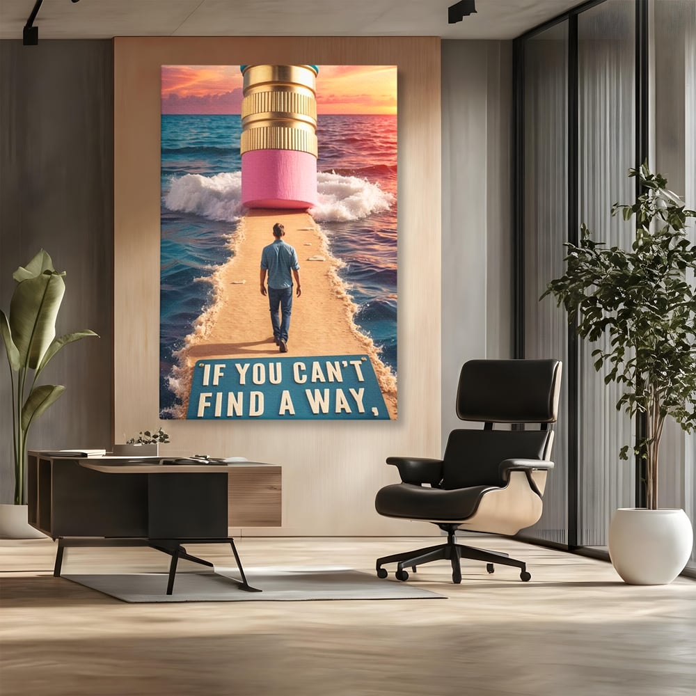 Canvas Wall Art Premium, LuxCanva® Q1002, Mann auf dem Weg, Mann, Ehrgeiz, Lösungen, Erfolg, Wellen, Sonnenuntergang, Sonnenuntergang, Strahlung, Schöpfung, Freiheit, Horizont, Schritte, Weg, Bleistift, Schicksal, Büro, Schlafzimmer
