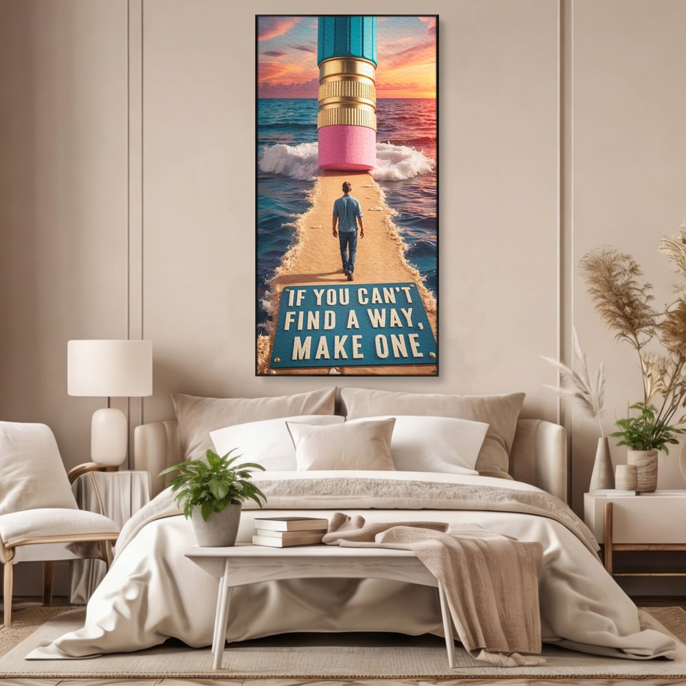 Canvas Wall Art Premium, LuxCanva® Q1002, Mann auf dem Weg, Mann, Ehrgeiz, Lösungen, Erfolg, Wellen, Sonnenuntergang, Sonnenuntergang, Strahlung, Schöpfung, Freiheit, Horizont, Schritte, Weg, Bleistift, Schicksal, Büro, Schlafzimmer