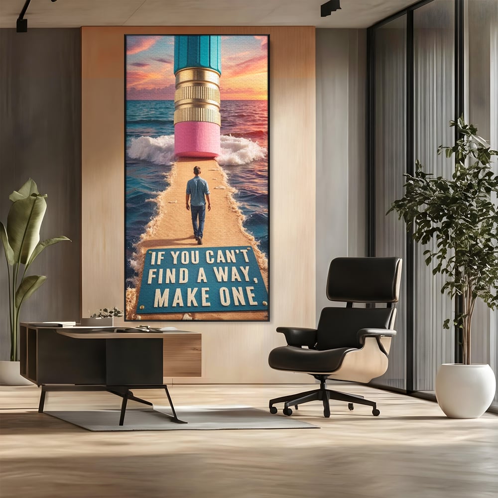 Canvas Wall Art Premium, LuxCanva® Q1002, Mann auf dem Weg, Mann, Ehrgeiz, Lösungen, Erfolg, Wellen, Sonnenuntergang, Sonnenuntergang, Strahlung, Schöpfung, Freiheit, Horizont, Schritte, Weg, Bleistift, Schicksal, Büro, Schlafzimmer