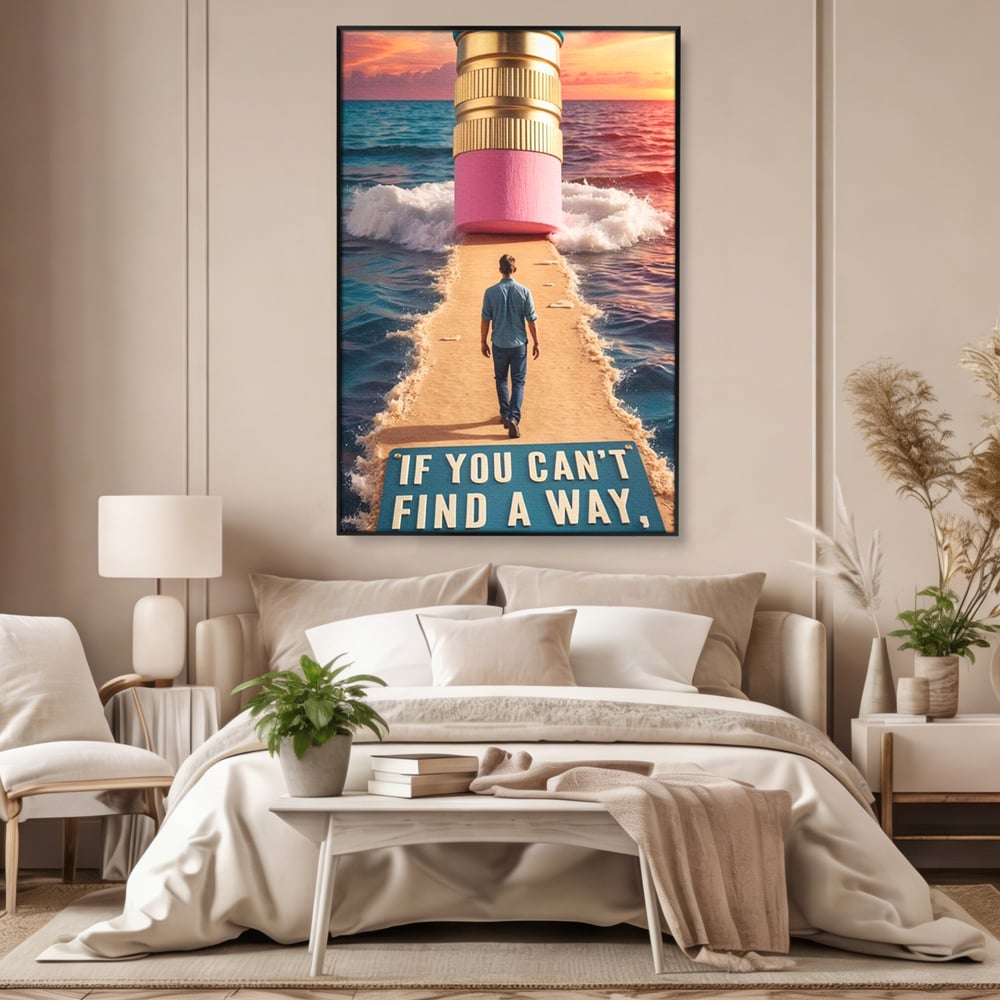 Canvas Wall Art Premium, LuxCanva® Q1002, Mann auf dem Weg, Mann, Ehrgeiz, Lösungen, Erfolg, Wellen, Sonnenuntergang, Sonnenuntergang, Strahlung, Schöpfung, Freiheit, Horizont, Schritte, Weg, Bleistift, Schicksal, Büro, Schlafzimmer