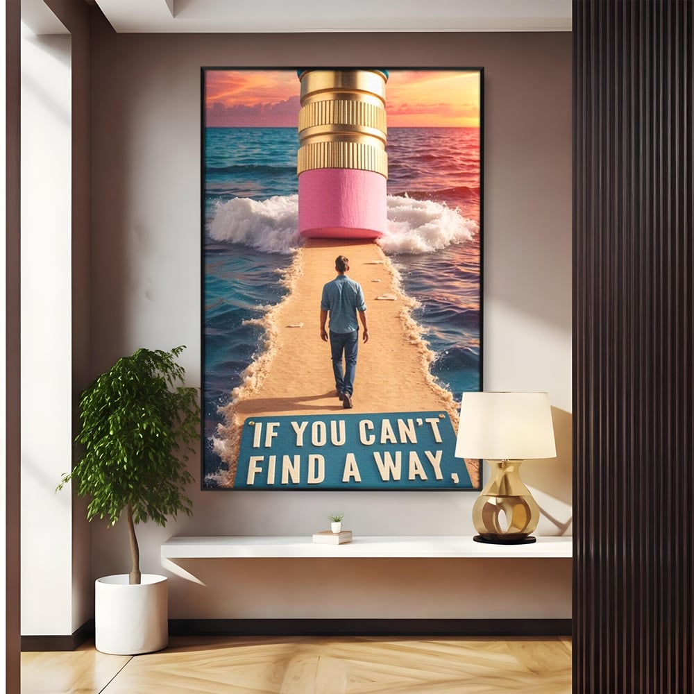 Canvas Wall Art Premium, LuxCanva® Q1002, Mann auf dem Weg, Mann, Ehrgeiz, Lösungen, Erfolg, Wellen, Sonnenuntergang, Sonnenuntergang, Strahlung, Schöpfung, Freiheit, Horizont, Schritte, Weg, Bleistift, Schicksal, Büro, Schlafzimmer