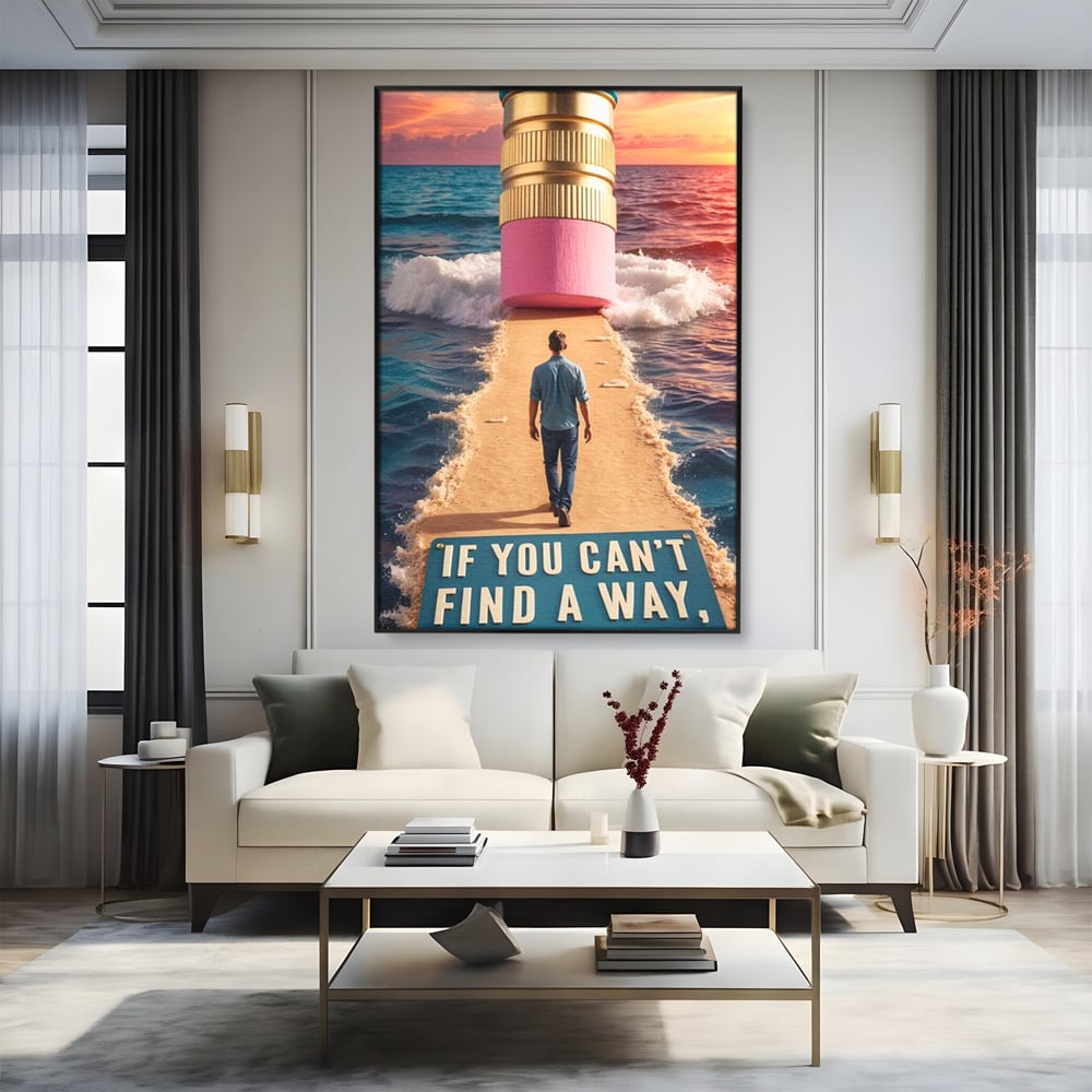 Canvas Wall Art Premium, LuxCanva® Q1002, Mann auf dem Weg, Mann, Ehrgeiz, Lösungen, Erfolg, Wellen, Sonnenuntergang, Sonnenuntergang, Strahlung, Schöpfung, Freiheit, Horizont, Schritte, Weg, Bleistift, Schicksal, Büro, Schlafzimmer
