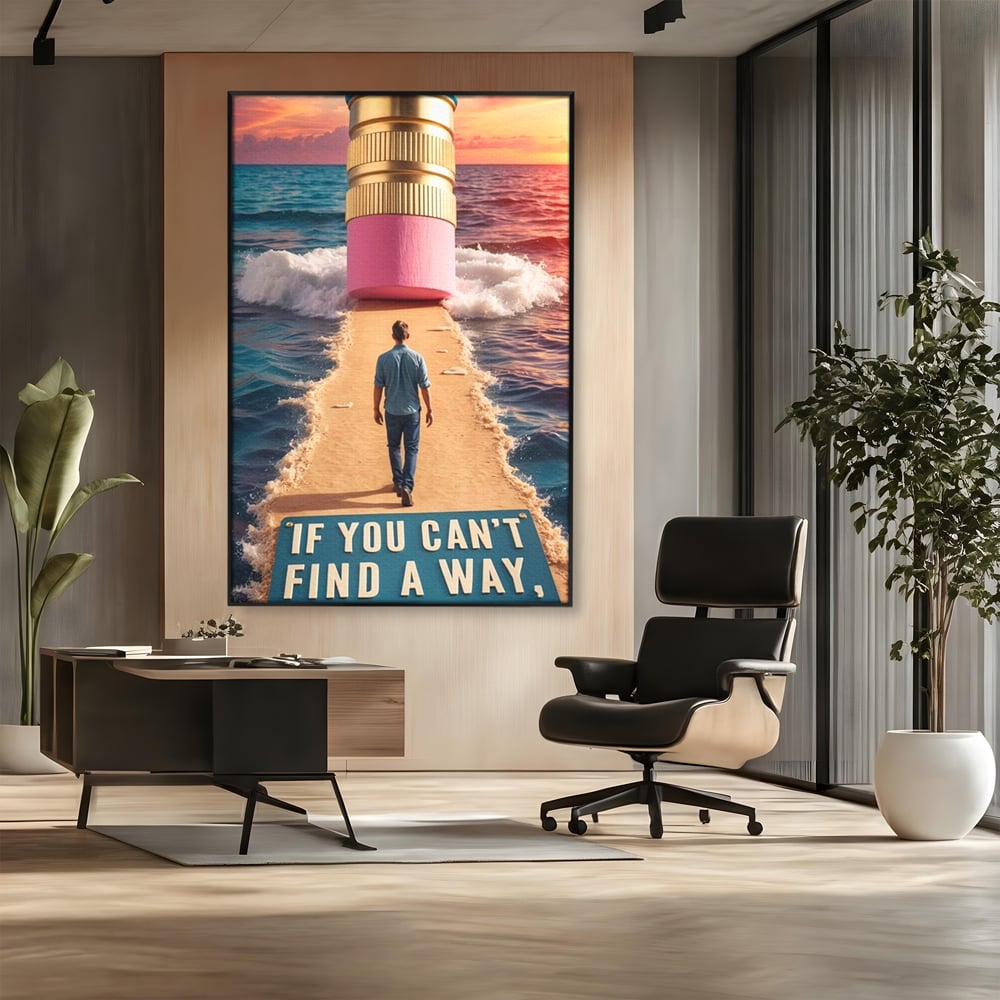 Canvas Wall Art Premium, LuxCanva® Q1002, Mann auf dem Weg, Mann, Ehrgeiz, Lösungen, Erfolg, Wellen, Sonnenuntergang, Sonnenuntergang, Strahlung, Schöpfung, Freiheit, Horizont, Schritte, Weg, Bleistift, Schicksal, Büro, Schlafzimmer