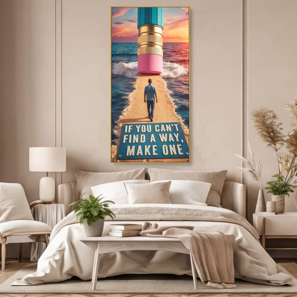 Canvas Wall Art Premium, LuxCanva® Q1002, Mann auf dem Weg, Mann, Ehrgeiz, Lösungen, Erfolg, Wellen, Sonnenuntergang, Sonnenuntergang, Strahlung, Schöpfung, Freiheit, Horizont, Schritte, Weg, Bleistift, Schicksal, Büro, Schlafzimmer
