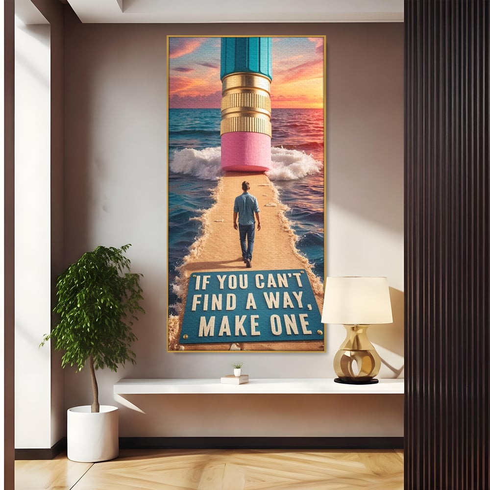 Canvas Wall Art Premium, LuxCanva® Q1002, Mann auf dem Weg, Mann, Ehrgeiz, Lösungen, Erfolg, Wellen, Sonnenuntergang, Sonnenuntergang, Strahlung, Schöpfung, Freiheit, Horizont, Schritte, Weg, Bleistift, Schicksal, Büro, Schlafzimmer