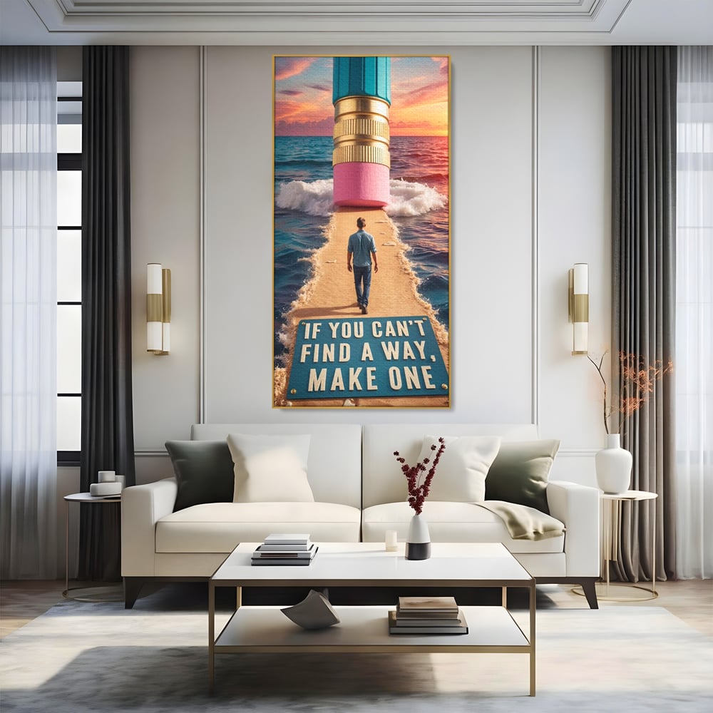 Canvas Wall Art Premium, LuxCanva® Q1002, Mann auf dem Weg, Mann, Ehrgeiz, Lösungen, Erfolg, Wellen, Sonnenuntergang, Sonnenuntergang, Strahlung, Schöpfung, Freiheit, Horizont, Schritte, Weg, Bleistift, Schicksal, Büro, Schlafzimmer