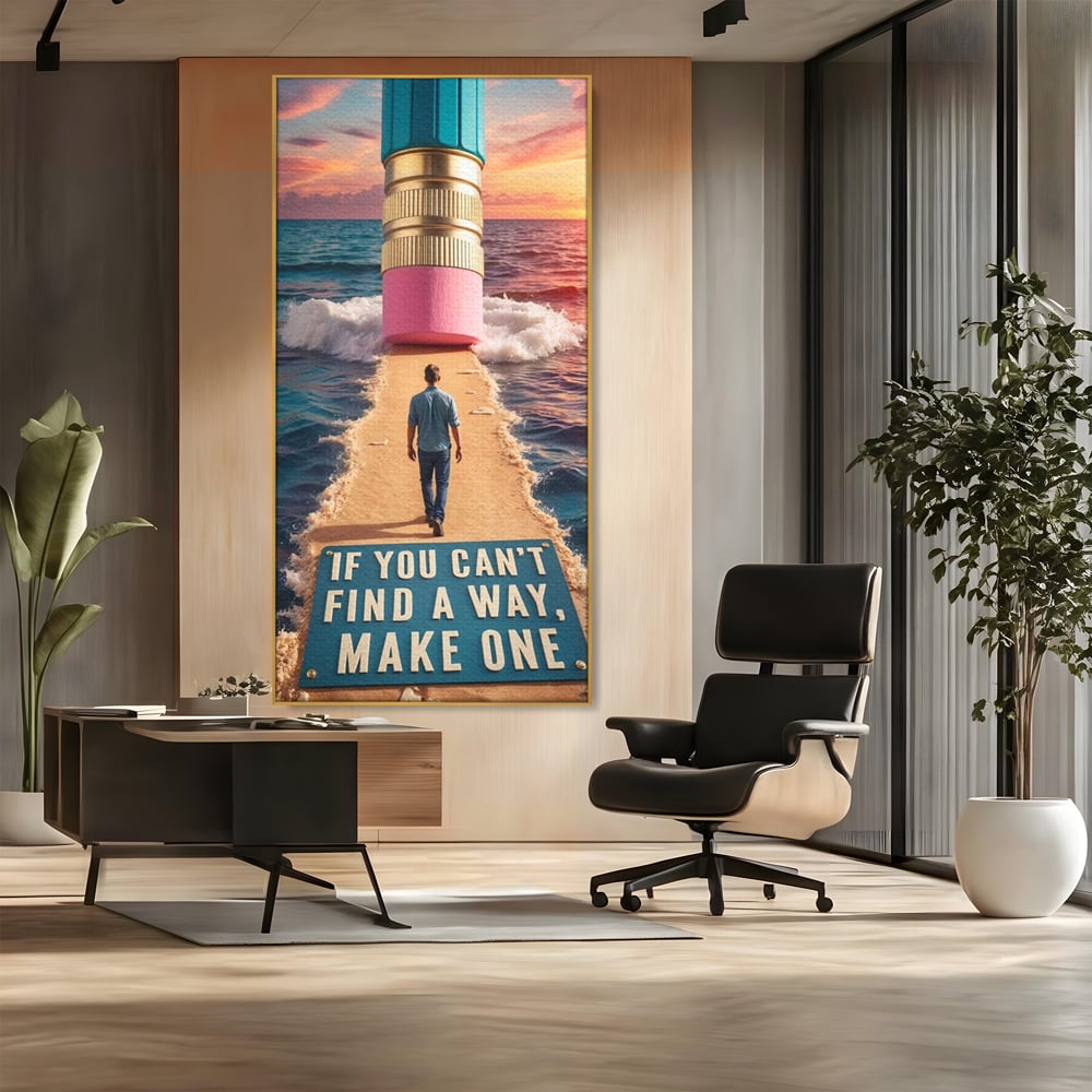 Canvas Wall Art Premium, LuxCanva® Q1002, Mann auf dem Weg, Mann, Ehrgeiz, Lösungen, Erfolg, Wellen, Sonnenuntergang, Sonnenuntergang, Strahlung, Schöpfung, Freiheit, Horizont, Schritte, Weg, Bleistift, Schicksal, Büro, Schlafzimmer