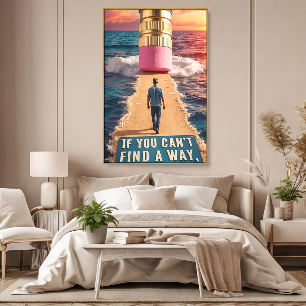Canvas Wall Art Premium, LuxCanva® Q1002, Mann auf dem Weg, Mann, Ehrgeiz, Lösungen, Erfolg, Wellen, Sonnenuntergang, Sonnenuntergang, Strahlung, Schöpfung, Freiheit, Horizont, Schritte, Weg, Bleistift, Schicksal, Büro, Schlafzimmer