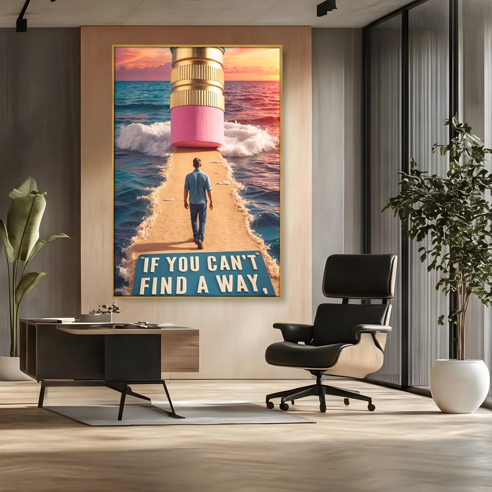 Canvas Wall Art Premium, LuxCanva® Q1002, Mann auf dem Weg, Mann, Ehrgeiz, Lösungen, Erfolg, Wellen, Sonnenuntergang, Sonnenuntergang, Strahlung, Schöpfung, Freiheit, Horizont, Schritte, Weg, Bleistift, Schicksal, Büro, Schlafzimmer