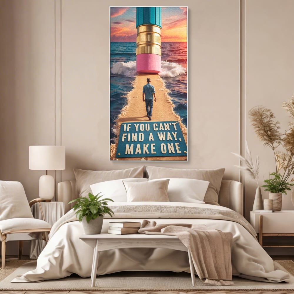 Canvas Wall Art Premium, LuxCanva® Q1002, Mann auf dem Weg, Mann, Ehrgeiz, Lösungen, Erfolg, Wellen, Sonnenuntergang, Sonnenuntergang, Strahlung, Schöpfung, Freiheit, Horizont, Schritte, Weg, Bleistift, Schicksal, Büro, Schlafzimmer