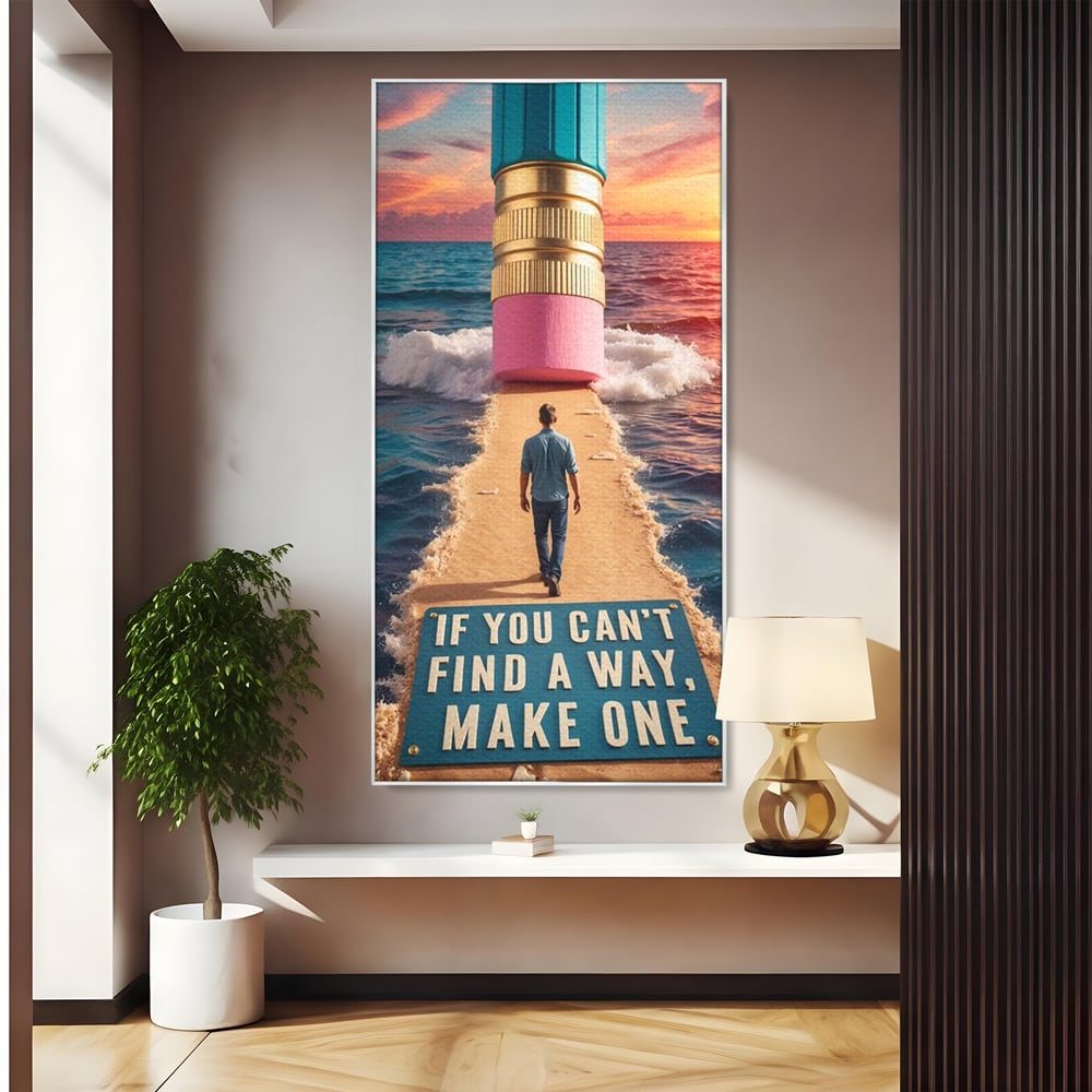 Canvas Wall Art Premium, LuxCanva® Q1002, Mann auf dem Weg, Mann, Ehrgeiz, Lösungen, Erfolg, Wellen, Sonnenuntergang, Sonnenuntergang, Strahlung, Schöpfung, Freiheit, Horizont, Schritte, Weg, Bleistift, Schicksal, Büro, Schlafzimmer