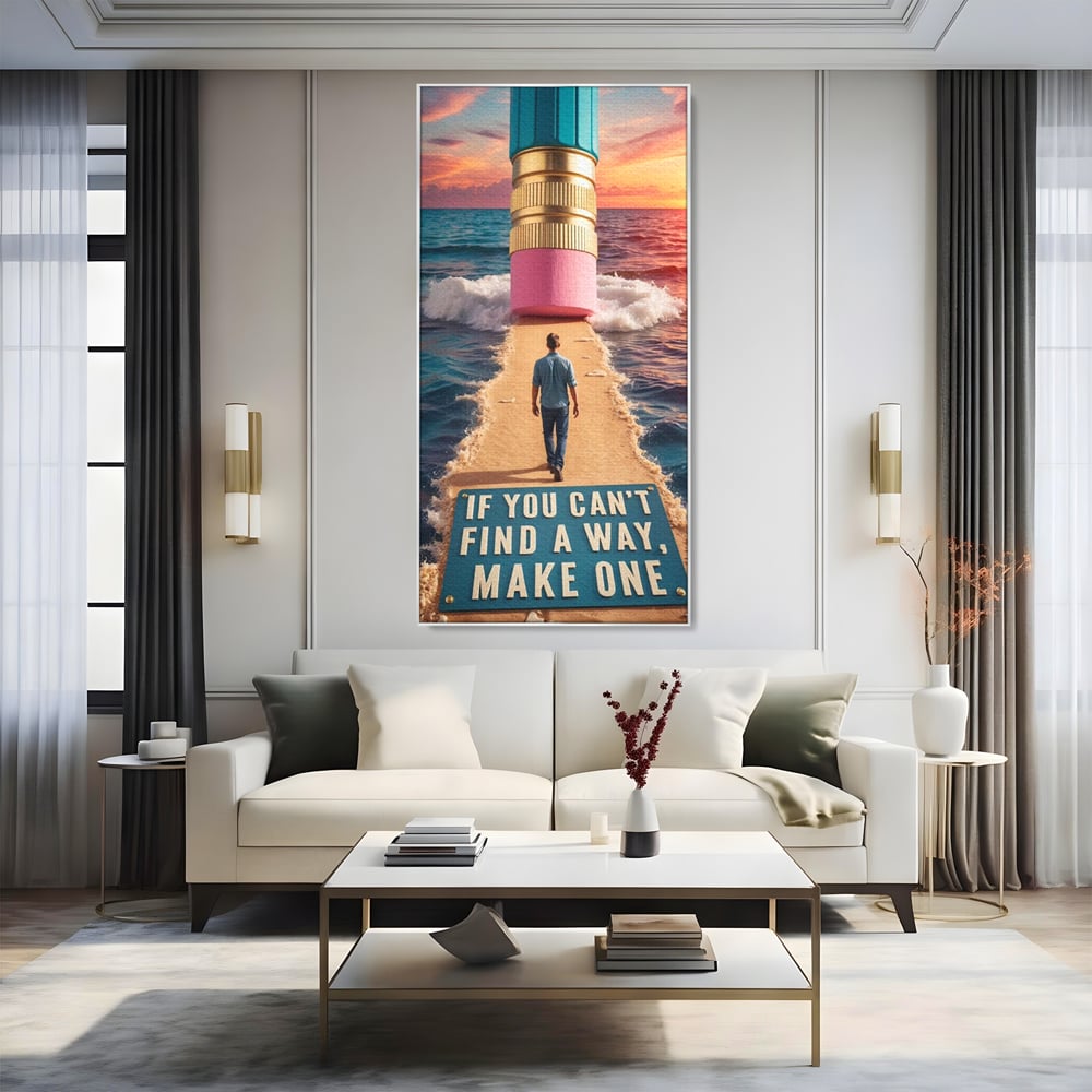 Canvas Wall Art Premium, LuxCanva® Q1002, Mann auf dem Weg, Mann, Ehrgeiz, Lösungen, Erfolg, Wellen, Sonnenuntergang, Sonnenuntergang, Strahlung, Schöpfung, Freiheit, Horizont, Schritte, Weg, Bleistift, Schicksal, Büro, Schlafzimmer