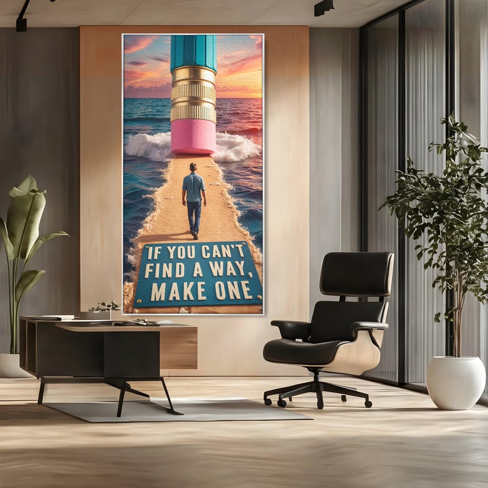 Canvas Wall Art Premium, LuxCanva® Q1002, Mann auf dem Weg, Mann, Ehrgeiz, Lösungen, Erfolg, Wellen, Sonnenuntergang, Sonnenuntergang, Strahlung, Schöpfung, Freiheit, Horizont, Schritte, Weg, Bleistift, Schicksal, Büro, Schlafzimmer