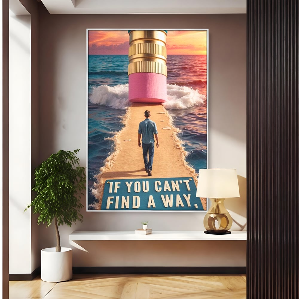 Canvas Wall Art Premium, LuxCanva® Q1002, Mann auf dem Weg, Mann, Ehrgeiz, Lösungen, Erfolg, Wellen, Sonnenuntergang, Sonnenuntergang, Strahlung, Schöpfung, Freiheit, Horizont, Schritte, Weg, Bleistift, Schicksal, Büro, Schlafzimmer