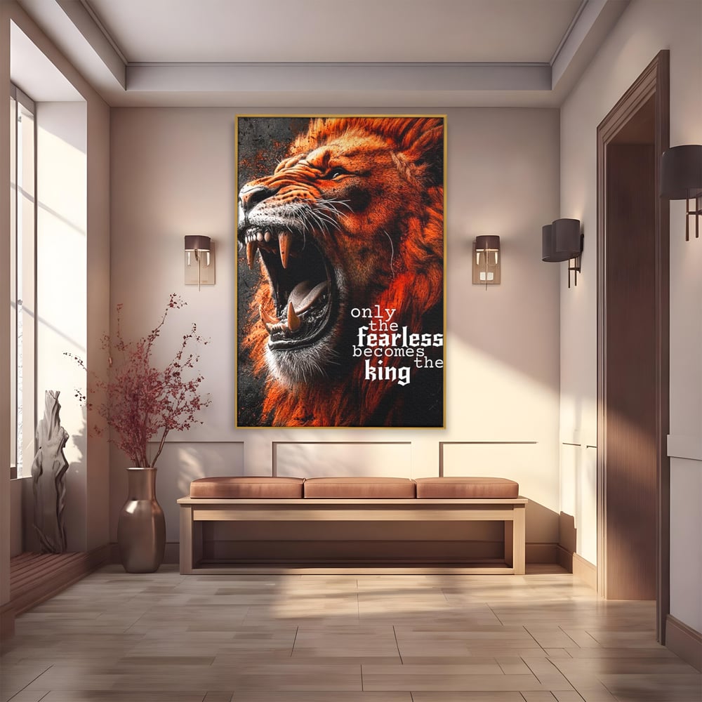 Leinwandbilder Premium, LuxCanva® Q1004, Furchtloser König, Macht, Dominanz, Vorherrschaft, Autorität, Löwe, König, Krone, Mähne, wild, wild, Meister, Stimme, Stimme, Herrscher, Herrscher, Büro, Schlafzimmer