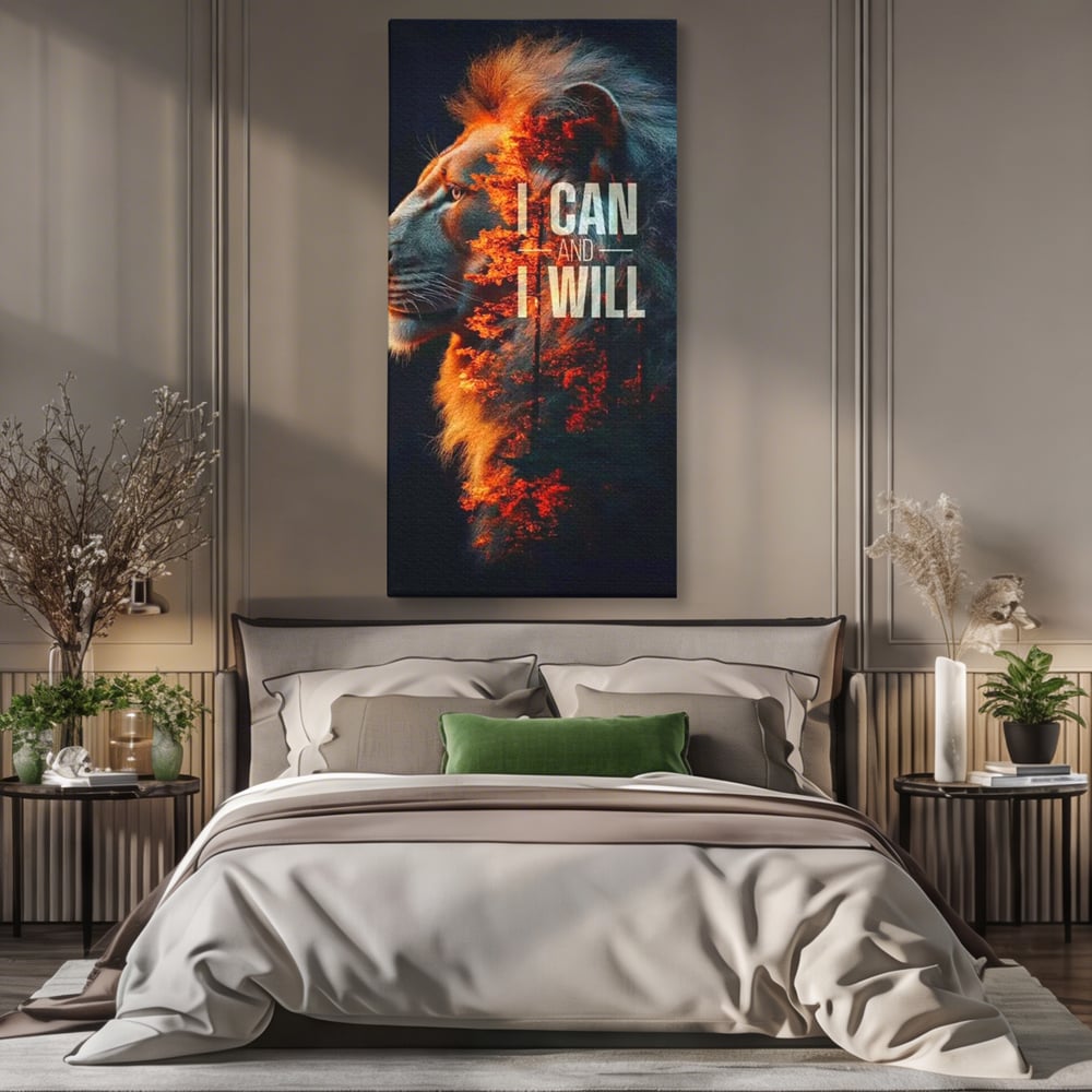 Tablou Canvas Premium, LuxCanva® Q1006, Nascut Sa Reuseasca, Vointa, Perseverenta, Ambitie, Leu, Rege, Foc, Curaj, Dominatie, Portret, Inspirational, Reusita, Forta, Birou, Dormitor
